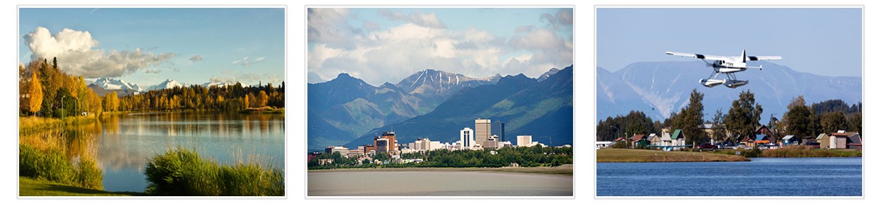 Filmstrip with images of Wasilla Lake near Anchorage+Anchorage Skyline+Small plane flying from Lake Hood